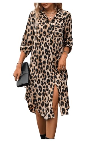 MakeMeChic Women's Leopard Print Dress Button Front 3/4 Roll Sleeve Collared Midi Dresses