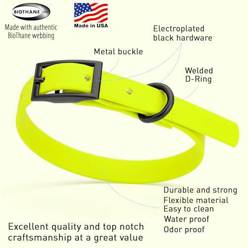 Image of Dogline Biothane Waterproof Dog Collar Strong Coated Nylon Webbing with Black Hardware Odor- Proof for Easy Care Easy to Clean High Performance Fits Small Medium or Large Dogs, Safety Yellow
