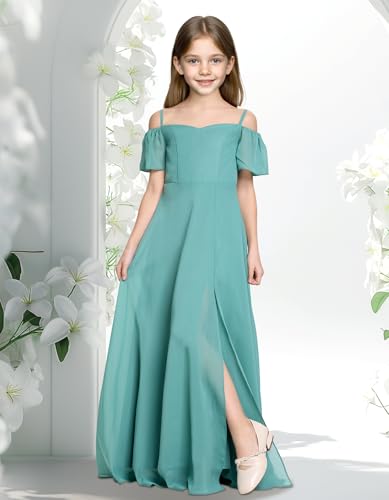 Junior Bridesmaid Dress Off Shoulder Flower Girl Dess Chiffon Short Sleeve Girls Pageant Dresses Slit JBD1552