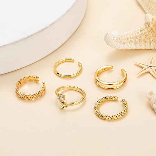 Awinesn 5Pcs 14K Gold Plated Toe Rings For Women Adjustable Flower Butterfly Band Rings Summer Beach Open Toe Rings Foot Jewelry thumb #3