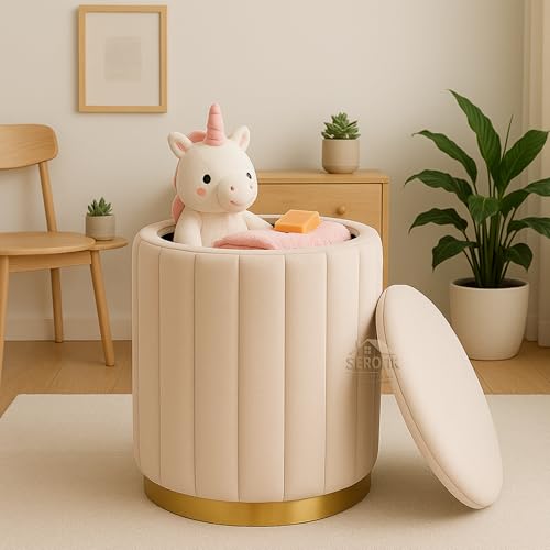 Image of Velvet Storage Ottoman Pouffe - Round Upholstered Sitting Stool & Footrest | Multi-Purpose Puffy Mudda for Living Room, Bedroom, Office - Stylish Home Furniture & Decor (Cream)