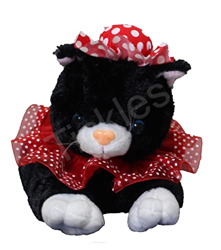 Image of Tickles Soft Stuffed Plush Animal Laying Cat Wearing Dress & Hat Toy for Kids Room (Color: Black Size: 20 cm)