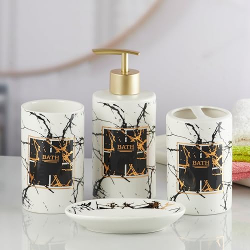 Image of Kookee Ceramic Bathroom Set - Stylish 4 Piece Bath Accessories Kit with Soap Dispenser, Toothbrush Holder, Tumbler & Soap Dish - Modern & Designer Decor for Home & Guest Bathrooms, White /Black (8234)