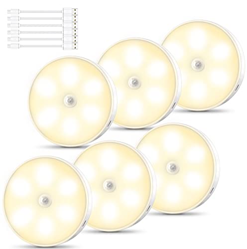 FLOWood Nachtlicht mit Bewegungsmelder, Schrankbeleuchtung Lampe mit Bewegungsmelder Innen, USB Batterie Wiederaufladbar, Klebeleuchte für Bad, Treppe, Küche, Kleiderschrank (‎Warmweiß, 6 Stücke) Cover