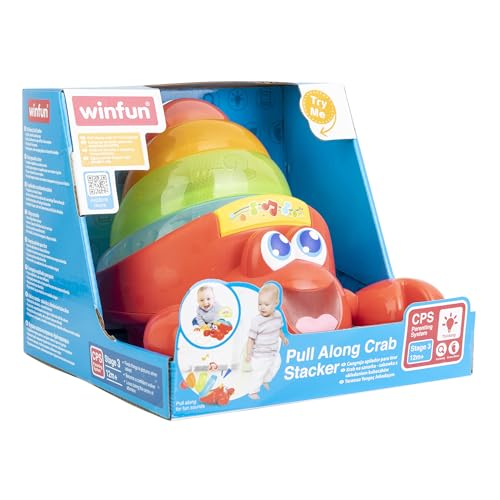 Image of Winfun: Pull Along Crab Stacker - Lights & Sounds, Walking & Stacking Toy, 4 Colorful Cups, Motor Training, Sensory Toy, Baby & Toddler Ages 12mo+