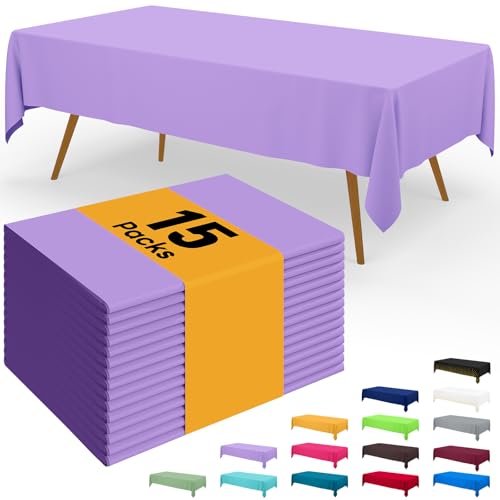 Image of Smiry Disposable Table Cloth - 15 Pack, 54 x 108 Inch Waterproof Rectangle Tablecloths for Parties, Decorative Plastic Table Cover, Leakproof & Sturdy, Lavender
