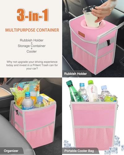 Image of Pritent Car Trash Can with Lid, Cute Leakproof Car Trash Garbage Bag Hanging Vehicle Trash Bin Small Portable Automotive Garbage Cans Organizer for Back /Front Seat /Console(2.8 gal,Pink