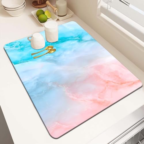 MCALK Marble Texture Light Blue Pink Dish Drying Mat for Kitchen Counter, Turquoise Dish Drying Pad with Anti-Slip Rubber Base, Absorbent Kitchen Sink Mat with Modern Art Decor (1 pc 18" x 16")