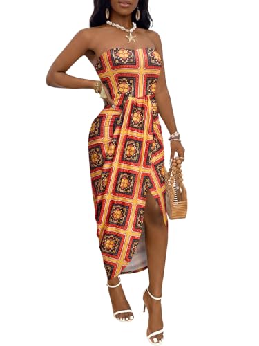Image of Umenlele Women's Strapless Ruched High Waist Wrap Split Asymmetrical Beach Maxi Long Dress