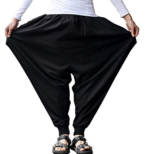 Bitlive Mens Boho Hippie Baggy Cotton Harem Pants With Pockets (Black) #TOP3