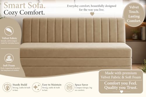 Image of 3-Seater Velvet Sofa Cum Bed | Convertible Sleeper Sofa | Modern Foldable Couch for Living Room, Bedroom & Office | Golden