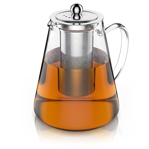 Arendo - Teekanne Glas mit Sieb - 1200 ml – aus Borosilikatglas – mit Edelstahlsieb – feinmaschig – hitzebeständig – Glasteekanne – für losen Tee Kräutertee Früchtetee – Teekocher – langlebig – feinma