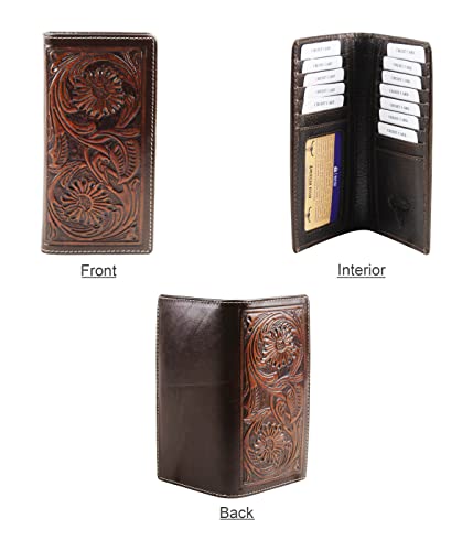 American Bison Arrigo Floral Design RFID Rodeo Wallet for Men – Hand-Tooled Cowhide Leather Wallet with Gift Box (Dark Brown)3