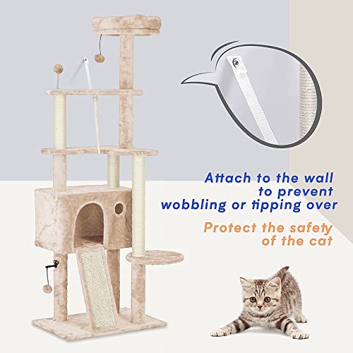 Tscomon 64In Large Cat Tree Cat Tower For Indoor Cats, Multi-Level Cat Furniture Condo Cat Caves Cat House With Hang Ball Toys And Cat Sisal Scratching Posts For Kittens Pet House Play, Beige #TOP5
