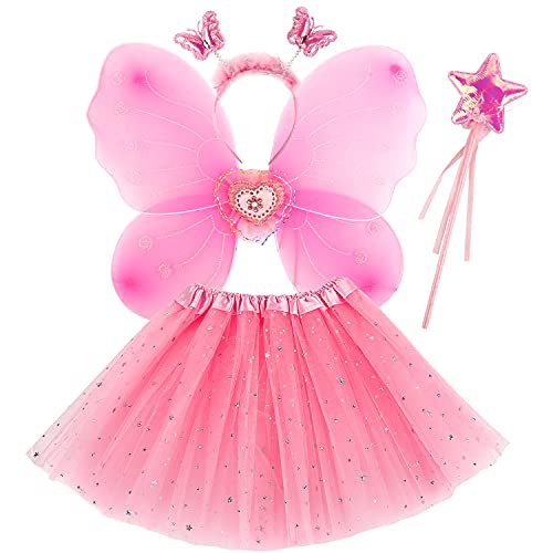 Muncaso Girls Fairy Costume Ensemble Princess Tutu Jupe Jupe Fée Magic Butterfly Wings Dress Up Fantasy Costume Jouer avec Butterfly Wings, baguette magique et bandeau fixé pendant 3-8 ans de filles