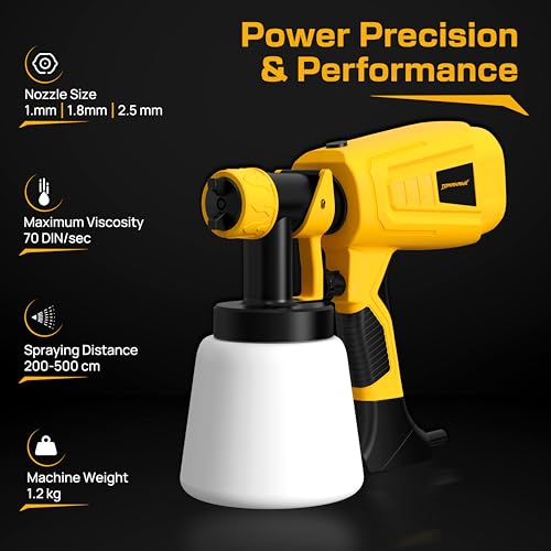 Image of Tomahawk 600W Electric Paint Sprayer, HVLP Wall Paint Sprayer with 33000 RPM Motor, 3 Nozzles (1.0 /1.8 /2.5mm), 800ml Tank for Home, Furniture & DIY (Yellow)