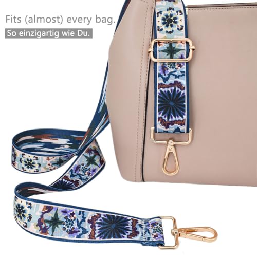Image of Replacement Purse Strap Shoulder Strap Adjustable Crossbody Strap for Women Crossbody Wide Shoulder Bag, Blue Flowers-gold Hardware, 1.5 inches (width)