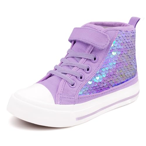 HugRain Toddler Girls Kids Sneakers Canvas Shoes Child Sparkle Fashion Glimmer Flipping Sequins High Top Adjustable Hook Loop Straps Velcro Non Slip Lightweight Walking Purple Size 11