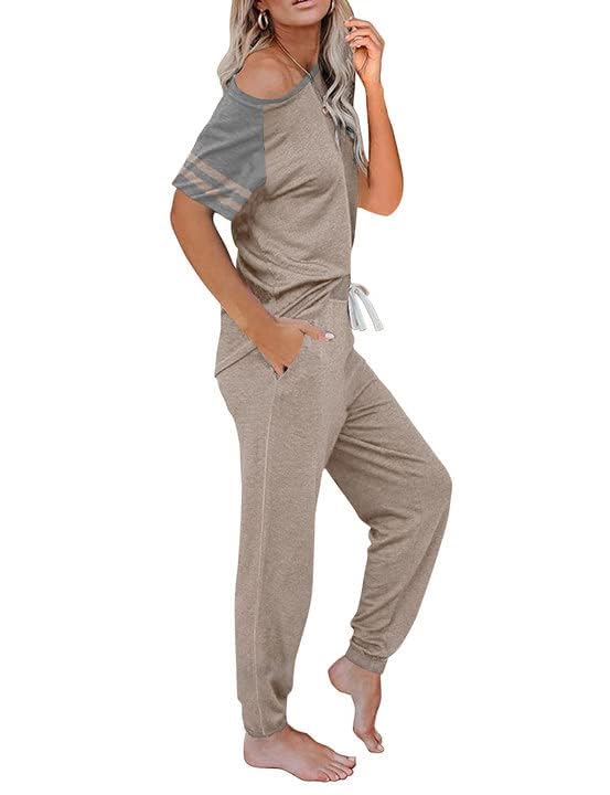 Image of PRETTYGARDEN Women Summer Two Piece Outfits Striped Short Sleeve Pullover and Long Pants Tracksuit Travel Pajama Lounge Set