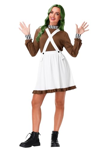 Halloween Women Ompa Lompa Costume Chocolate Worker Factory Cosplay Outfit Classic Movie Brown Shirts White Skirt M