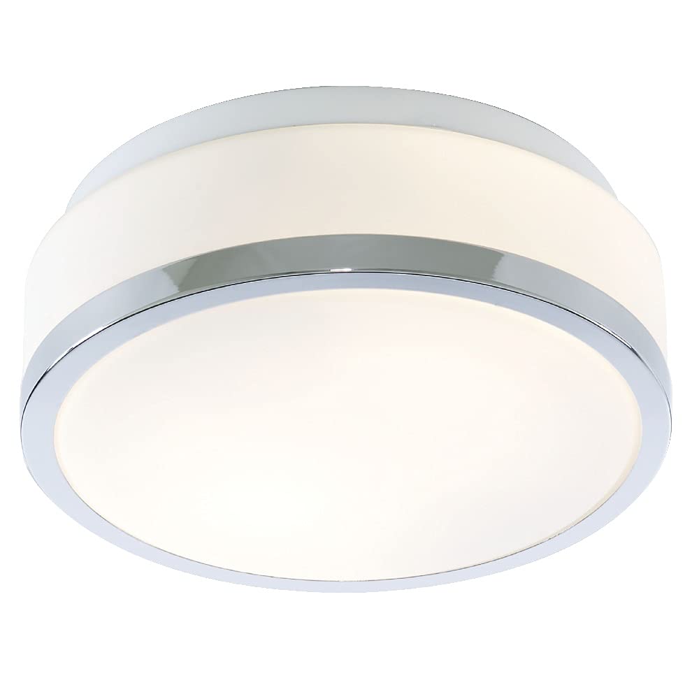 Britalia Polished Chrome Trim & Opal Glass Shade Bathroom Modern Round Flush Ceiling Light 230mm | 2 x E27 ES Lamp Bulbs Required (Not Included) | IP44 Rated | Suitable for Outdoor Use