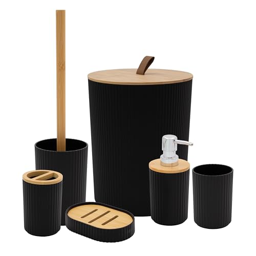 Anika Juego de accesorios de baño/moderno juego esencial de baño/incluye soporte para cepillo de dientes, cubo de basura, cepillo de inodoro, taza, jabonera y dispensador de jabón (negro)
