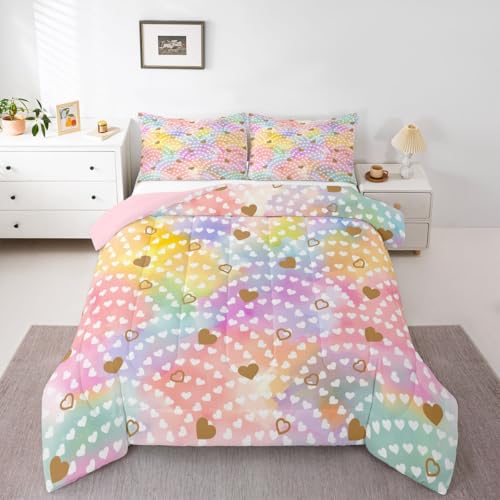 Image of Erosebridal Rainbow Hearts King Comforter Set Gold Heart Bedding Set for Kids Teens Valentine Love Geometric Quilt Love Heart Bedroom Decor 3 Pcs