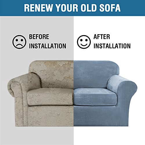 Real Velvet Plush 3 Piece Stretch Sofa Covers Couch Covers For 2 Cushion Couch Loveseat Covers (Base Cover Plus 2 Individual Cushion Covers) Feature Thick Soft Stay In Place (Medium Sofa, Stone Blue) #TOP4