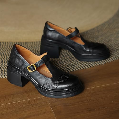 Women's Leather Platform Chunky Mid Heel Mary Janes Retro T-Strap Round Toe Comfort Low Block Heel Dress Pump Shoes for Daily Dating Party Work Wedding4