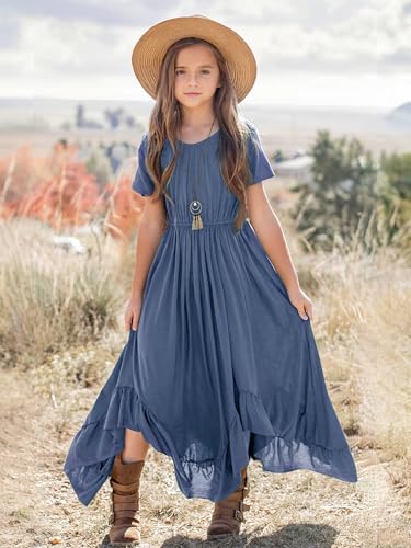 Seechoslo Tween Girls Maxi Dress Short Sleeve Casual Flowy Boho Style Summer Long Dress for Girls Big Kids Size 8-14 Years2