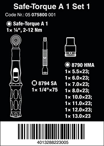 Wera 05075830001 Safe-Torque A 1 Set 1, Torque Wrench Set, 1/4" Square Head Drive, 2-12 Nm, 10 Pieces, Green - Image 2