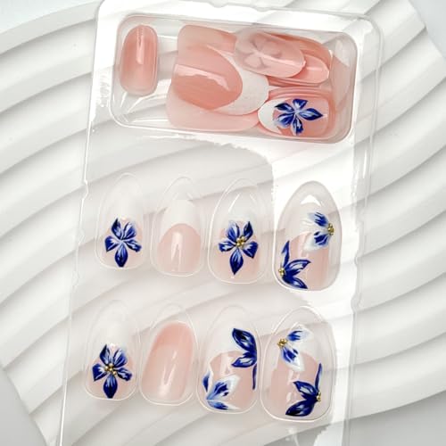 24Pcs Blue Flower Press on Nails Medium Almond Fake Nails White French Tip False Nails with Gold Rhinestones Design Nude Full Cover Artificial Glue on Nails Spring Summer Stick on Nails for Women DIY