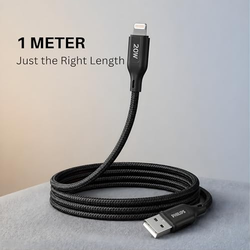 Image of PHILIPS DLC4130VB /94 20W iPhone Original Type-A to Lightning Fast Charging Cable (1m, Dark Slate) | MFi Certified | 480Mbps Data Sync | Nylon Braided | Compatible with iPhone & Other Lightning Devices