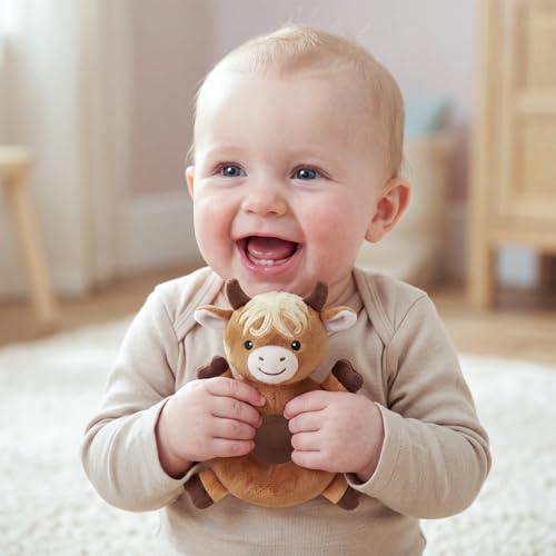 Image of Karenhi Highland Cow Tan Stuffed Animal Little Stuffed Animal Praying Baptism Soft Plush Snuggle God's Toy Embroidered Religious Gifts for Boys Girl Baby Shower Mom Barnyard Nursery Decor Doll Toy