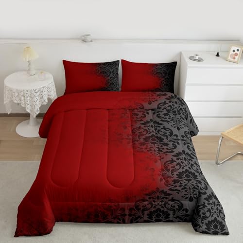 richhome Juego de edredón de damasco rojo y negro para niños, tamaño doble, juego de ropa de cama estilo victoriano barroco antiguo, edredón floral vintage para niños y niñas, decoración bohemia de