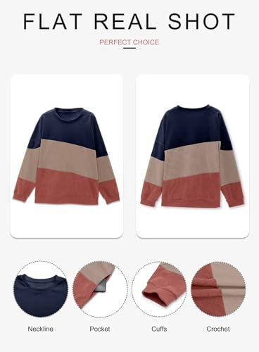 KISSMODA Womens Casual Long Sleeve Sweatshirts Color Block/Solid Tops Corduroy Crewneck Tunic Pullover with Pockets