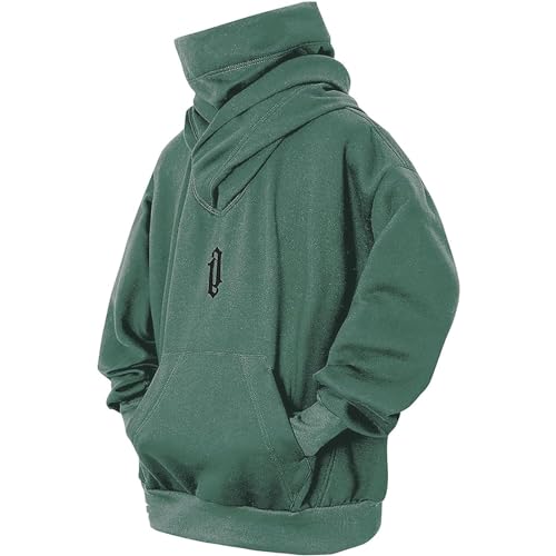 Mens Fleece Hoodies Cowl Neck Sweatshirts Casual Pullover Fall Winter Loose Fit Tops with Embroidery