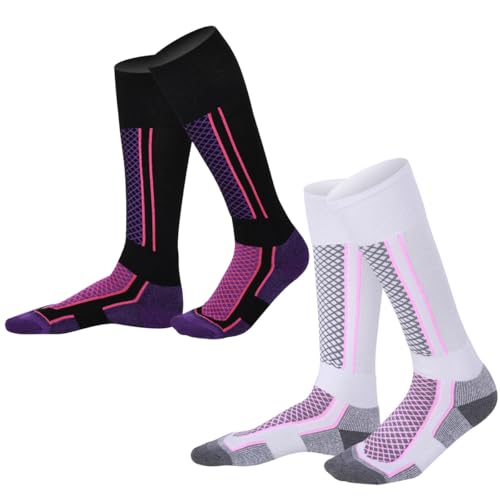 DHSUN Chaussettes de ski pour enfants garçons et filles, deux paires de chaussettes de ski pour les sports de plein air, le ski, la course à pied, Fille, une paire de chaussettes roses et violettes,