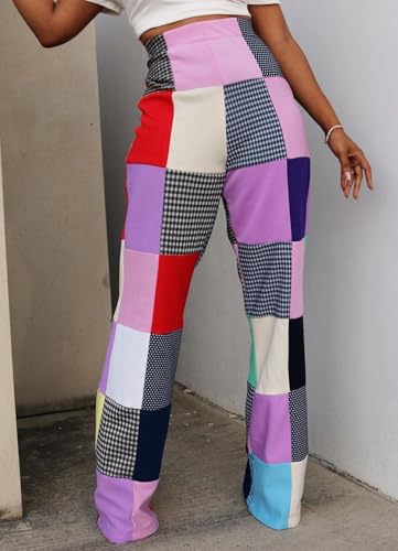 Womens Casual Patchwork Cargo Pants Elastic High Waist Stripe Plaid Gingham Straight Wide Leg Trousers with Pockets2