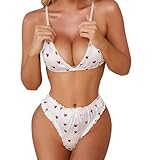 MIZSPISE Women's Lingerie Sets Cute Heart Print Satin Bras and Knickers Ladies Underwear Sexy Bralettes Panties White Outfits Babydoll 2 Piece Nightwear V Neck Adjustable S-XL (M, one size)