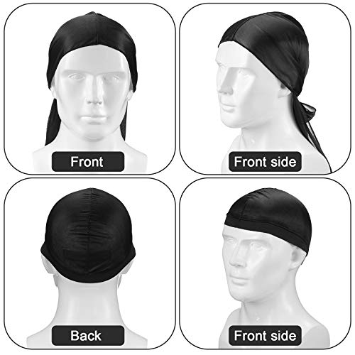 2 Pieces Silky Feeling Durag Caps Elastic Wave Cap Long Tail Headwraps Wide Strap Soft Breathable Silky Stocking Wave Hair Cap for Men, Black