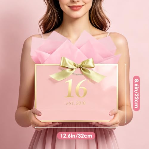 Image of JMANNI Birthday Gift Bag with Card and Tissue Paper for Men Women Him, Elegant Pink Gold Anniversary Keepsake Party Present Shopping Paper Bags for Gifts Wrapping Pink / 13 inch Medium /EST.2010 16th