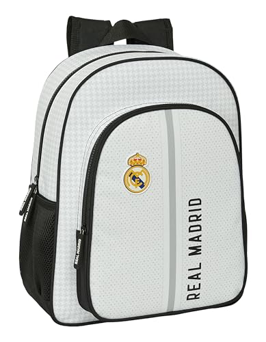 REAL MADRID 1ª EQUIPACIÓN 24/25 - Mochila Escolar Niño, Mochila Infantil, Adaptable a Carro, Ideal para Niños en Edad Escolar, Cómoda y Versátil, Calidad y Resistencia, 32x12x38 cm, Color Blanco/gris