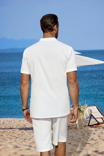 COOFANDY Men's 2 Pieces Linen Set Casual Henley Shirts Short Sleeve Beach Yoga Shorts Summer Pants Outfits3