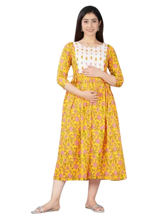 Women Cotton Printed Maternity Gown | Western Dress with Zippers for Nursing Pre and Post Pregnancy Kurta | Feeding Kurti | Yellow | 3XL-image-35