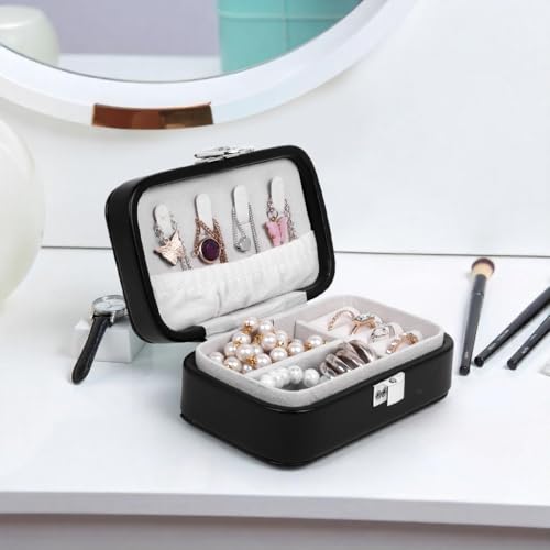 Image of BucketList PU Leather Jewellery Organizer Box with Ring Slots & Necklace Hooks | Compact Jewelry Storage Case with Secure Lock (Travel Jewellery Box Rectangular (Black))