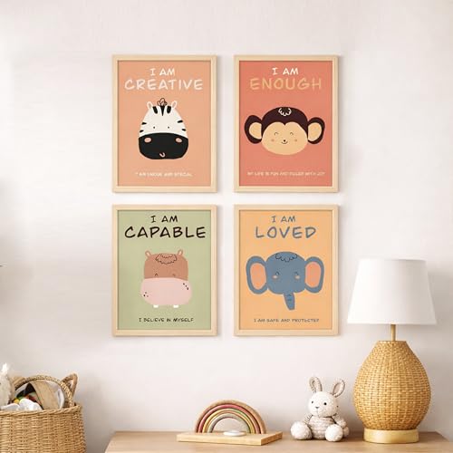 Image of Rousrie Motivational Animals Framed Painting For Kids Posters for Room Decoration, Set of 4 Black Frame Art Prints, Baby Posters for Living Room, A4 Size