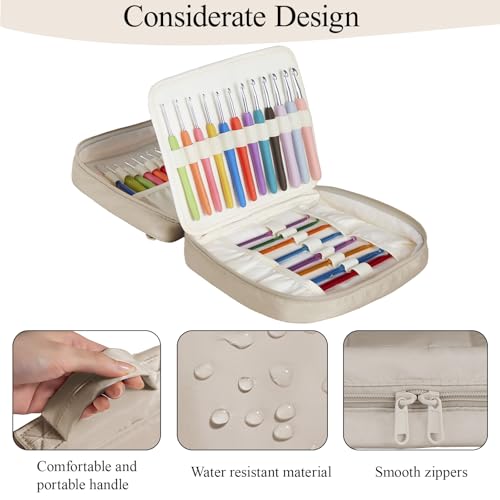 Crochet Hook Case, Lightweight Crochet Hook Organizer with Clear Zipper Pockets, Crochet Hook Holder for Knitting Needle Storage, Gift for Women and Crochet Enthusiasts (Light Brown)