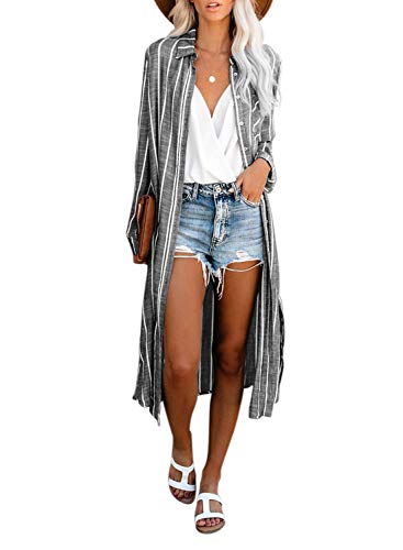 Dokotoo Womens Casual 2022 Stripes Spring Stand Collar Button Down Open Front Long Sleeve Side Slit Cardigans Fashion Kimono Long Cardigans Dresses Outerwear Grey Large