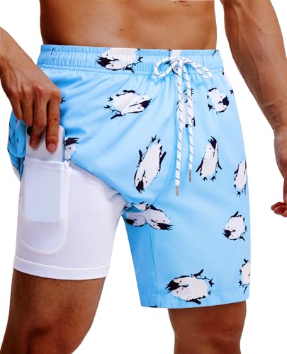 Image of Gleeease 7inch Mens Swim Trunks 2 in 1 with Compression Liner Pockets Drawstring Quick Dry Stretch Lined Funny Beach Pool